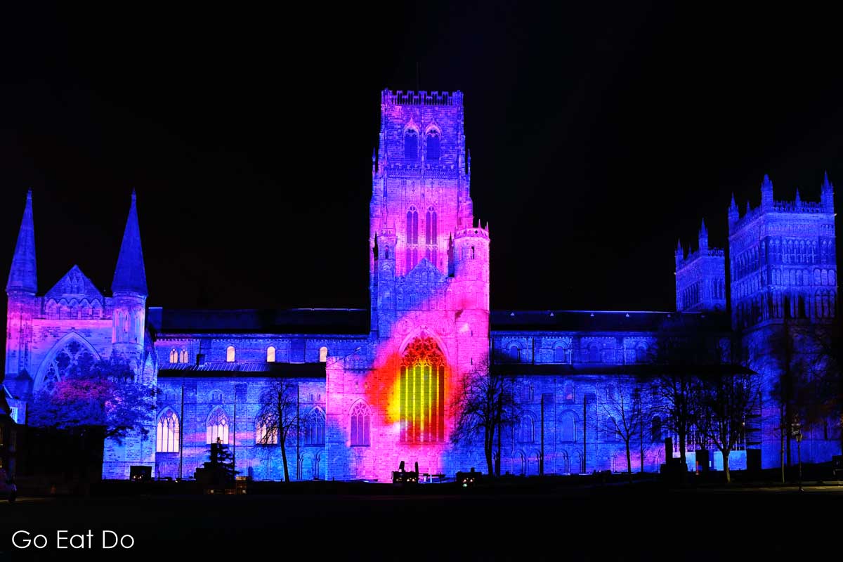 The World Machine projected onto the Romanesque facade of Durham Cathedral during Lumiere Durham