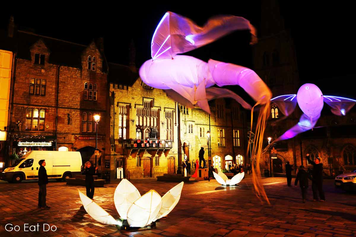 Les Lumineoles on Durham Market Square during Lumiere Durham
