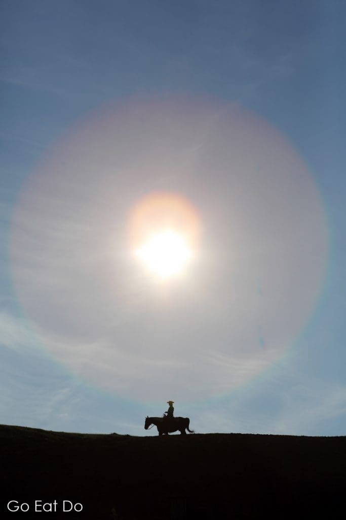Horse riding under a clear blue sky on a sunny day in Saskatchewan, Canada.
