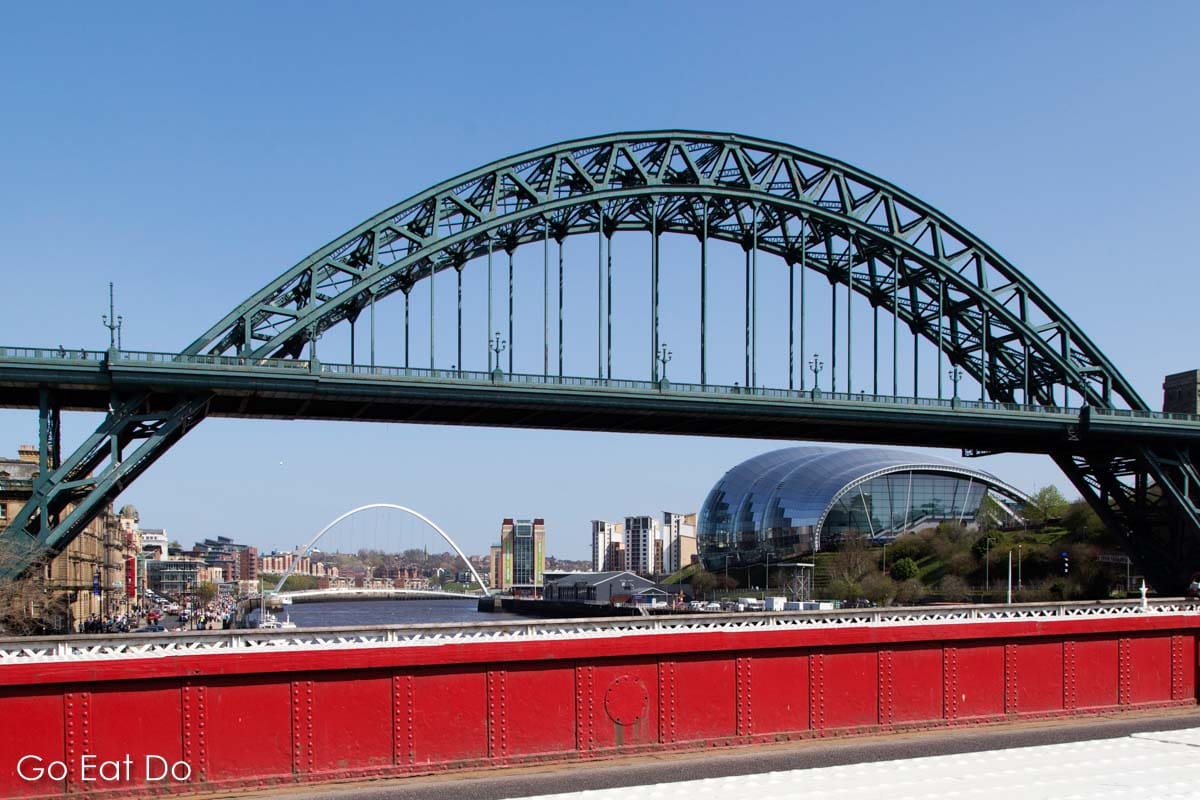 View of Newcastle Quayside, Tyne Bridge, Sage Gateshead and Baltic Centre for Contemporary Art from the Swing Bridge