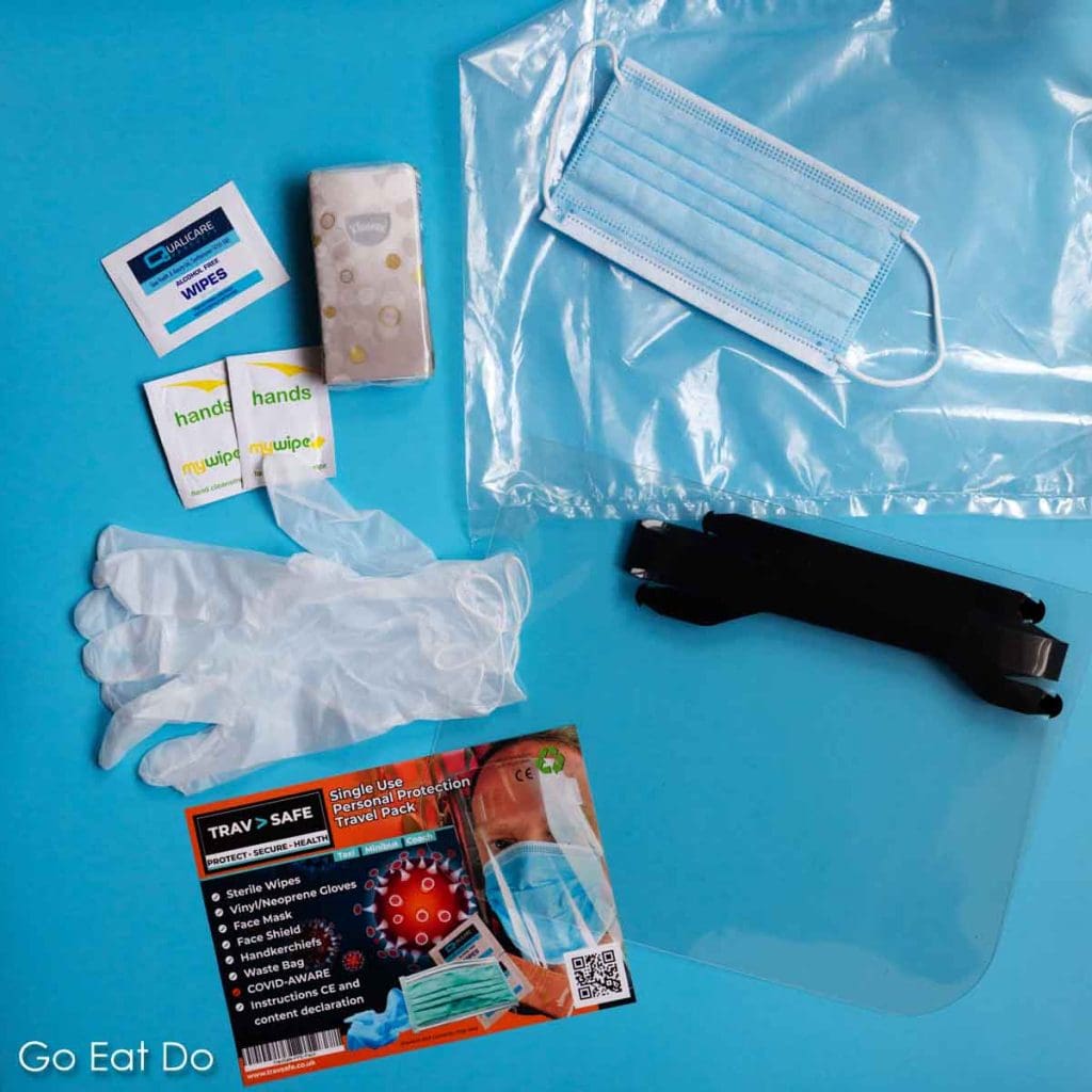 Contents of TravSafe’s personal protection equipment pack designed as PPE for travel