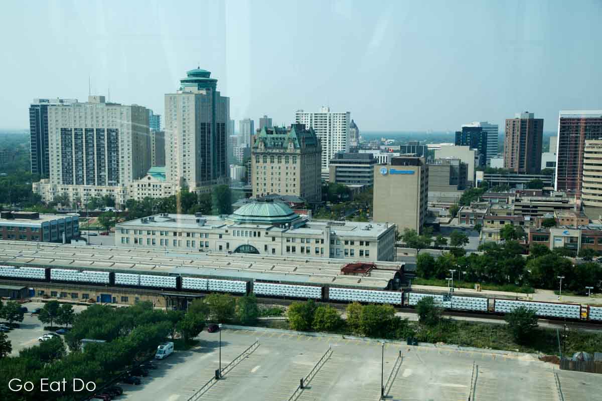 View of buildings in downtown Winnipeg from the glass tower of the Canadian Museum for Human Rights