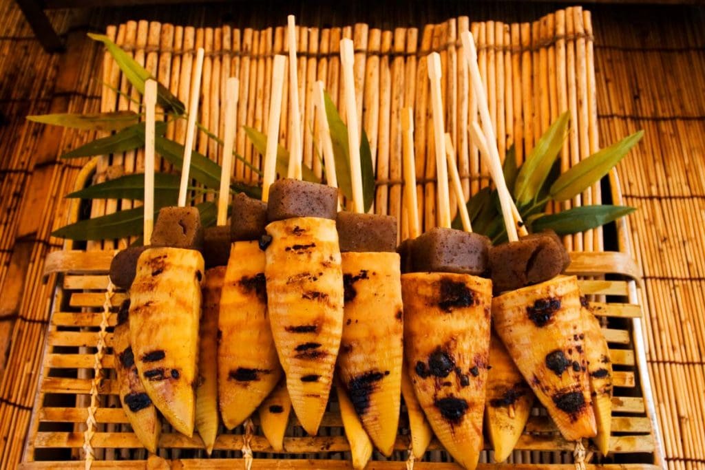 Roasted parsnips offered for sale at Kyoto's monthly market in the grounds of the Toji Temple