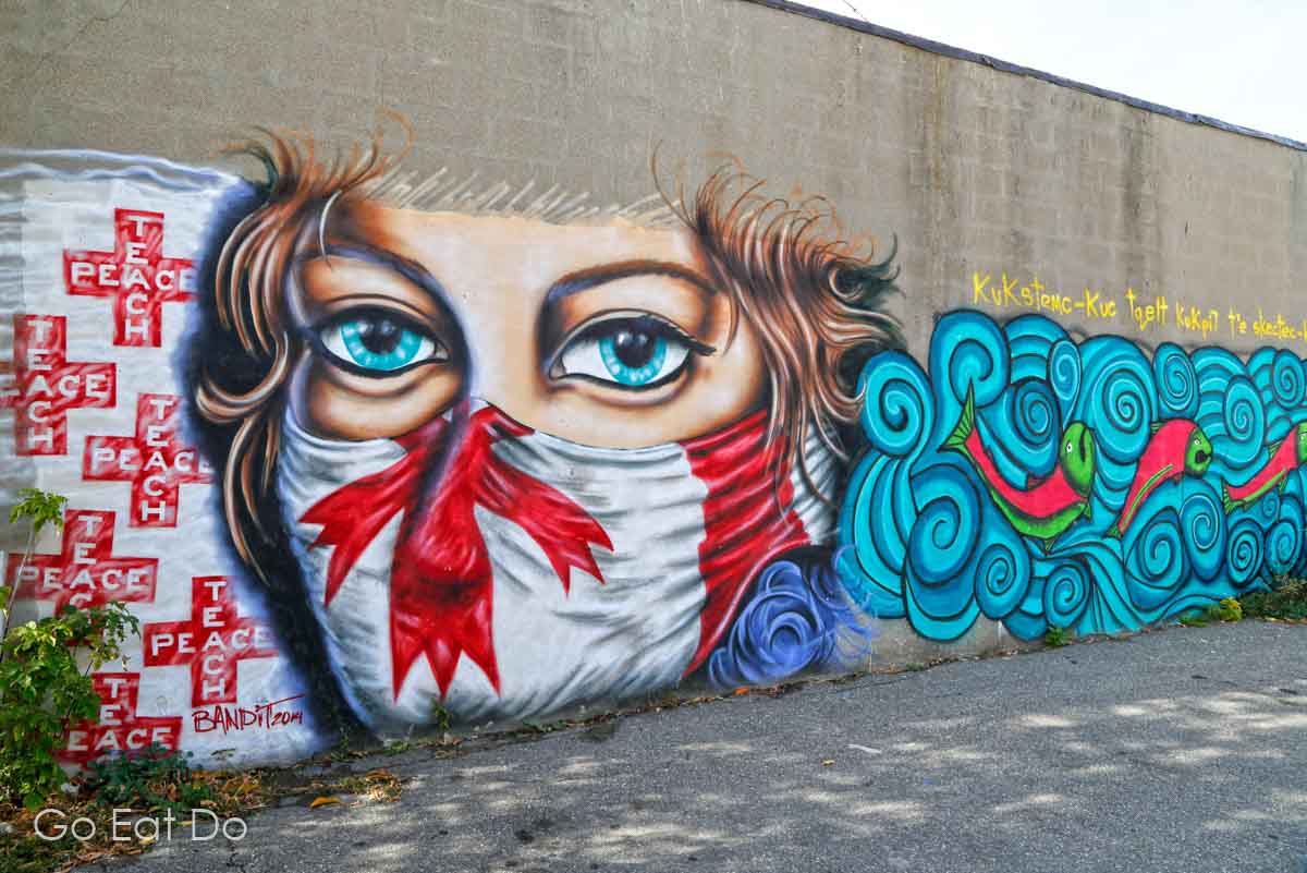 Street art of a person wearing a maple leaf face mask in Montreal, Canada.