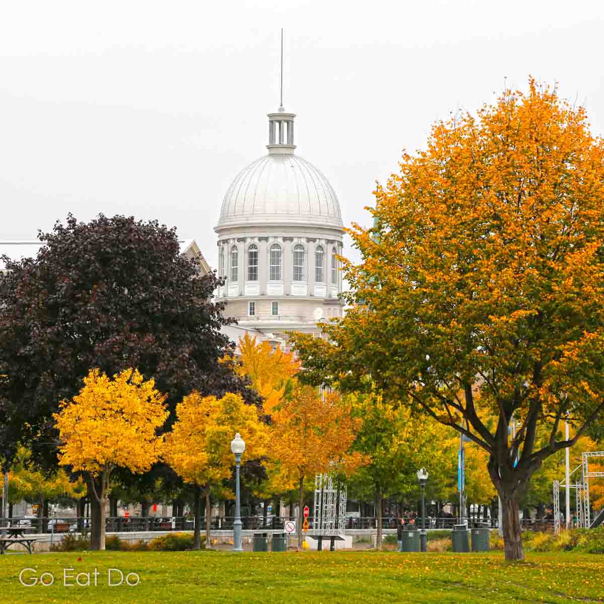 Bonsecours Market amid autumn foliage in Montreal.