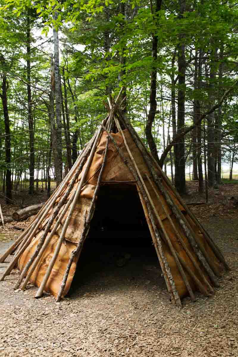 Teepee in Kejimkujik National Park and National Historic Site, which has hundreds of petroglyphs carved by people of the Mi’kmaq First Nation