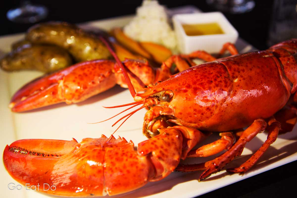 A lobster dinner, one of the delicacies of traditional Nova Scotian cuisine.