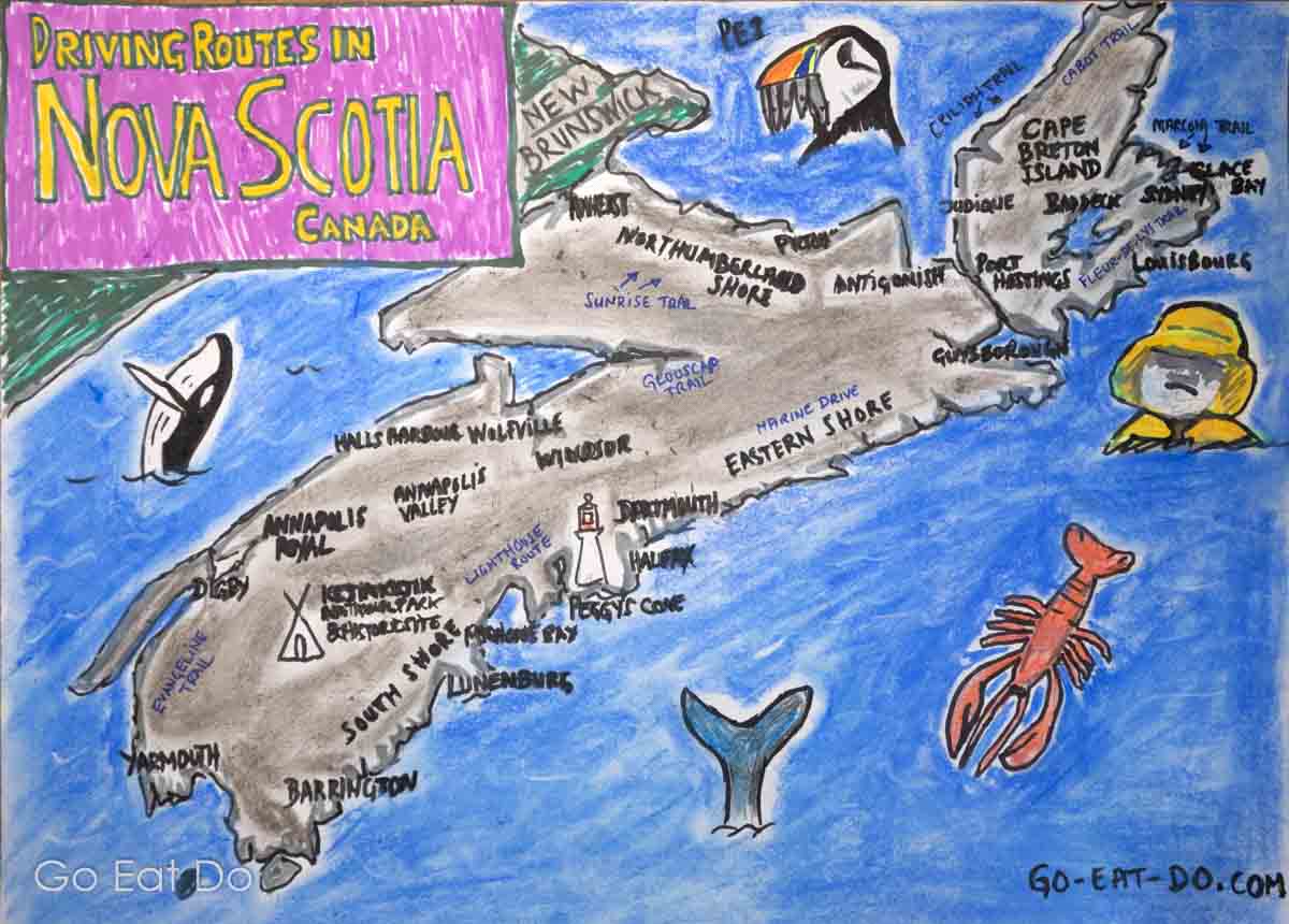 Hand-drawn map of Nova Scotia showing the regions with scenic driving routes