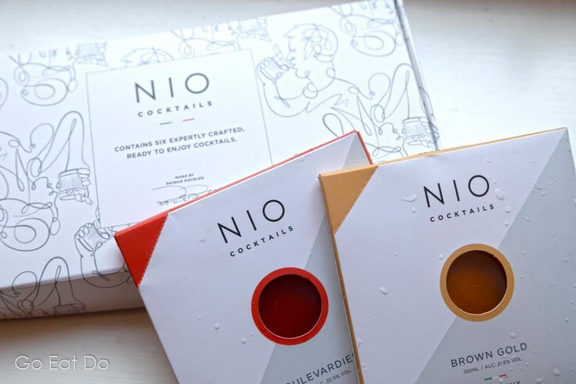 Premixed cocktails and packaging from NIO Cocktails Go Eat Do