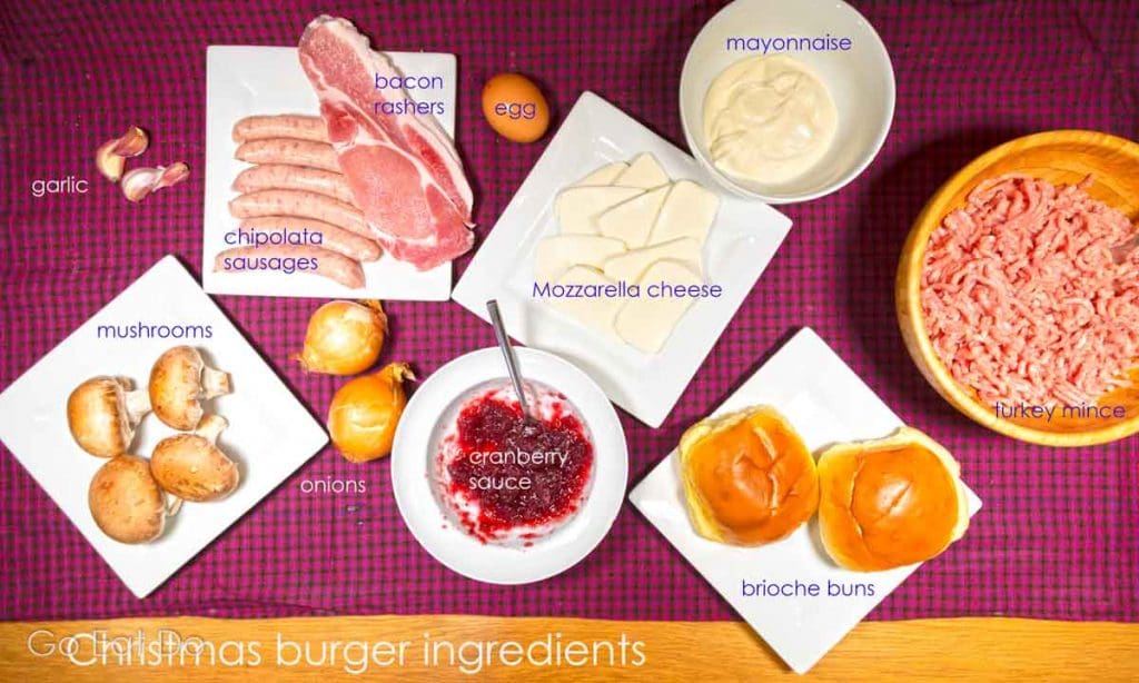 Ingredients of my tasty homemade Christmas burger recipe made with turkey mince.
