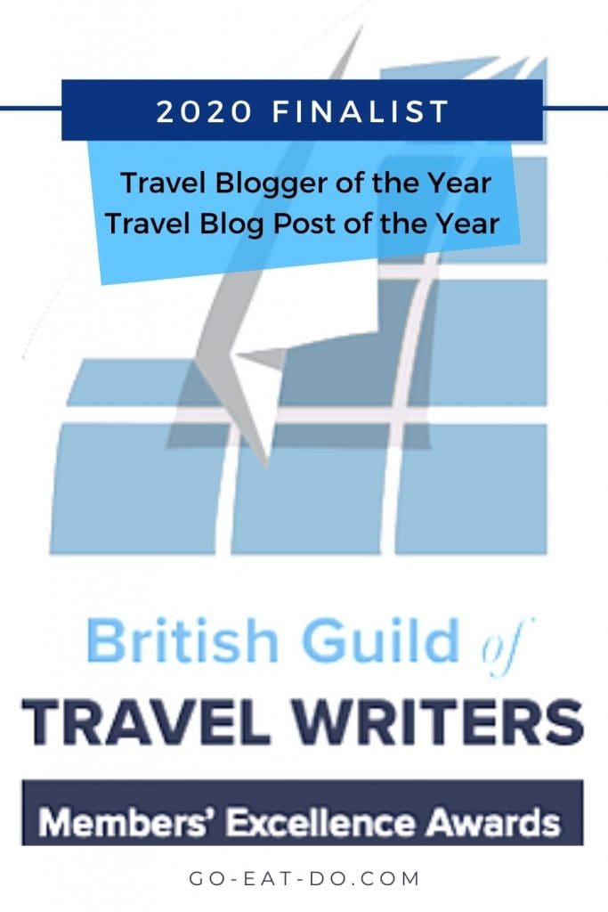 Pinterest pin for Go Eat Do's news about shortlistings in the British Guild of Travel Writers' 2020 Members' Excellence Awards for the Travel Blog Post of the Year and Travel Blogger of the Year awards.