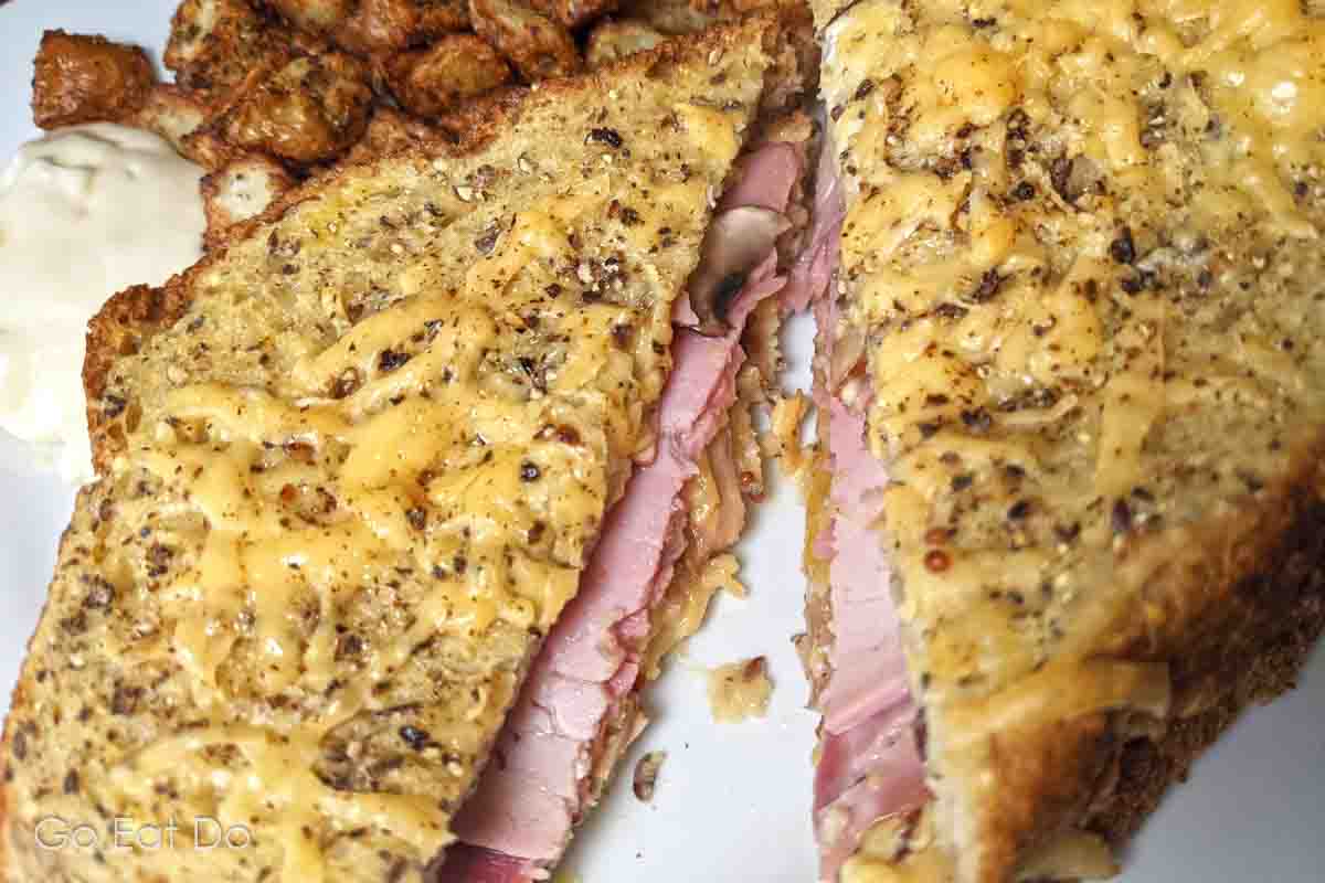 Close up of an easy-to-make variation on the classic croque monsieur recipe.