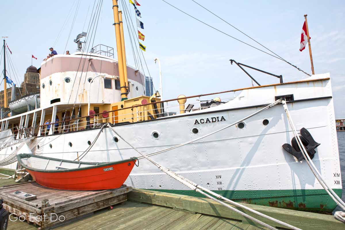 CSS Acadia served in the Canadian Hydrographic Service and Royal Canadian Navy, moored at the Halifax waterfront she is an attraction at the Maritime Museum of the Atlantic.
