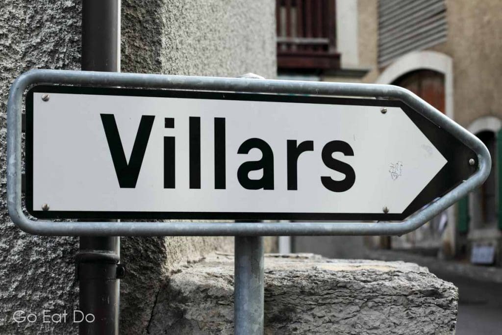 A street sign points towards Villars in Switzerland. The town is a popular ski desination in winter and walking area in summer.