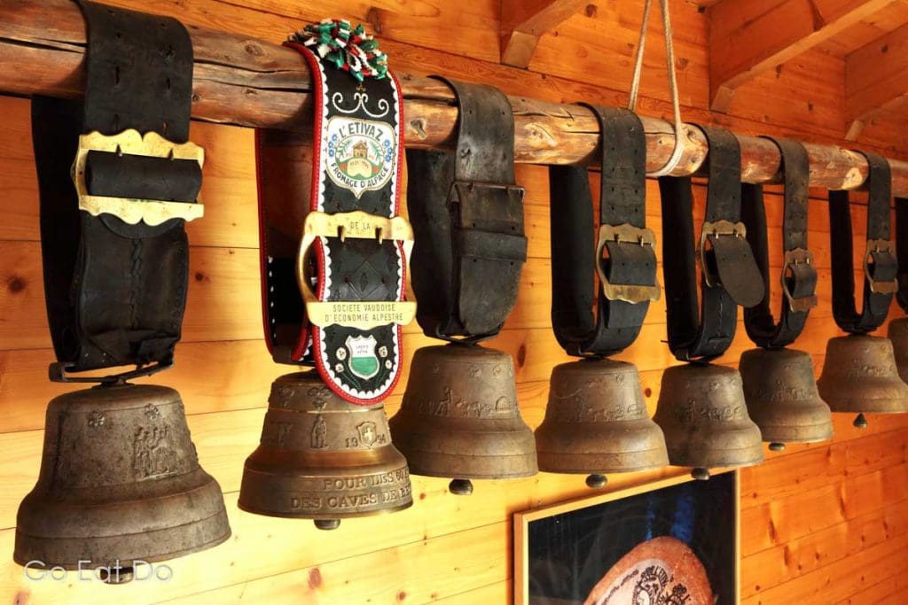 Swiss cow bells at the La Maison de L'Etivaz in Etivaz, Switzerland. The building is a co-operative selling cheeses and foodstuffs made in the surrounding region.