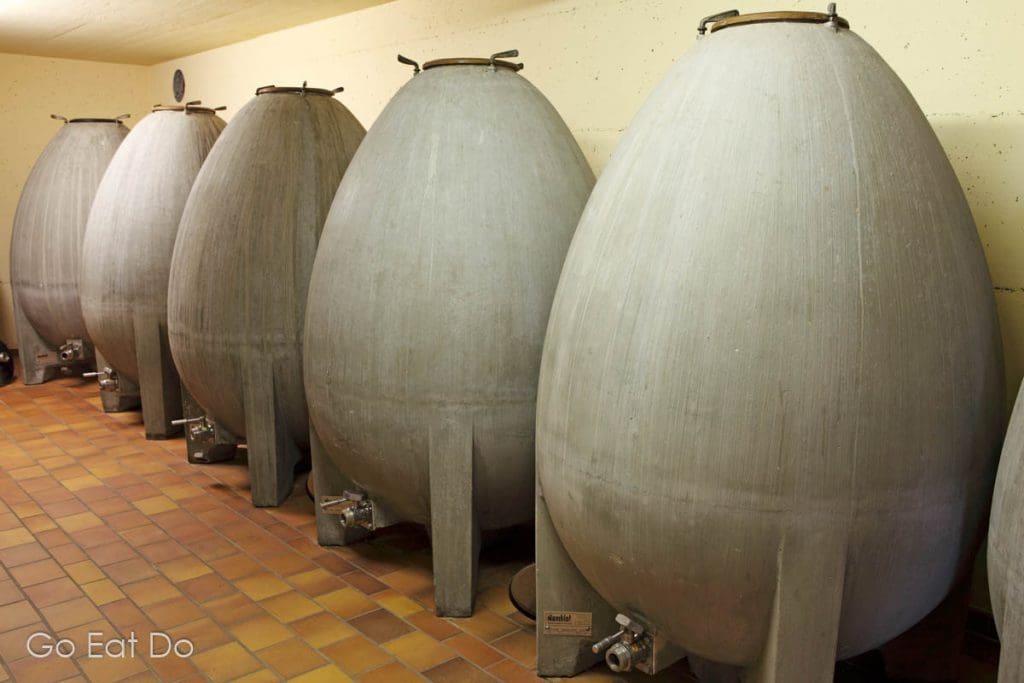 Concrete eggs used in the winemaking process at Bernard Cavé Vins in Ollon, Switzerland. The eggs are used in the fermentation and maturation wines.