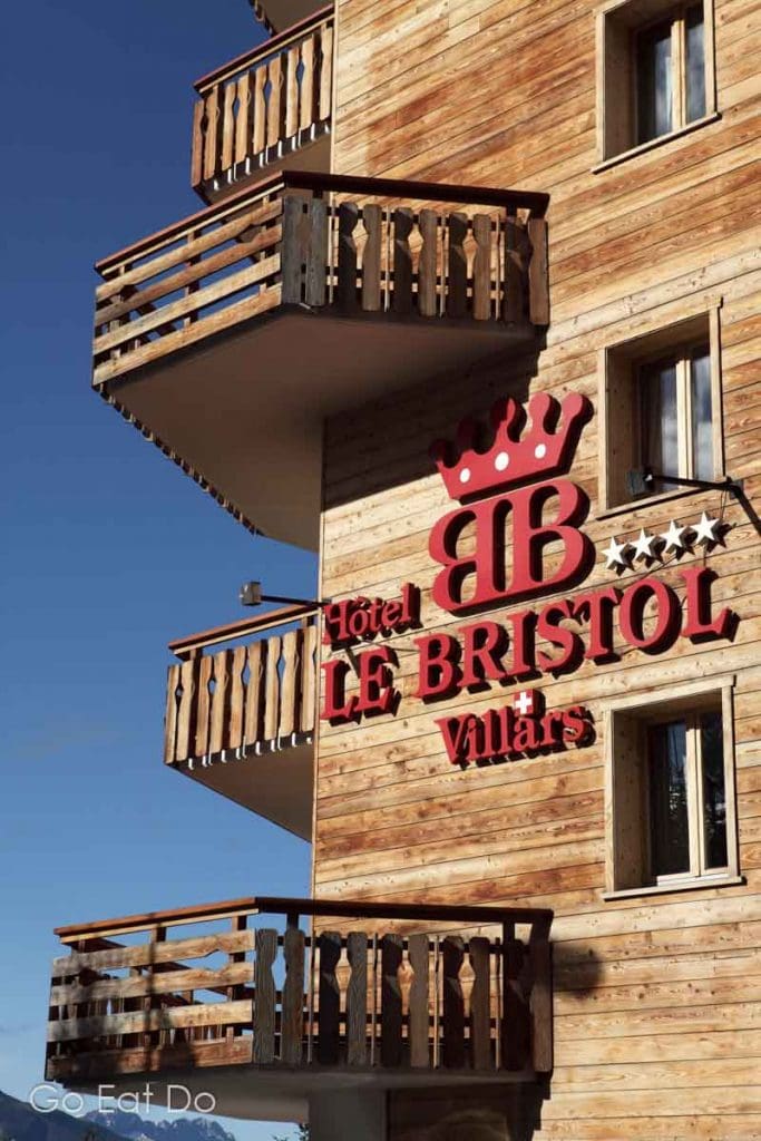 The wooden facade of the Hotel Le Bristol in Villars, Switzerland.