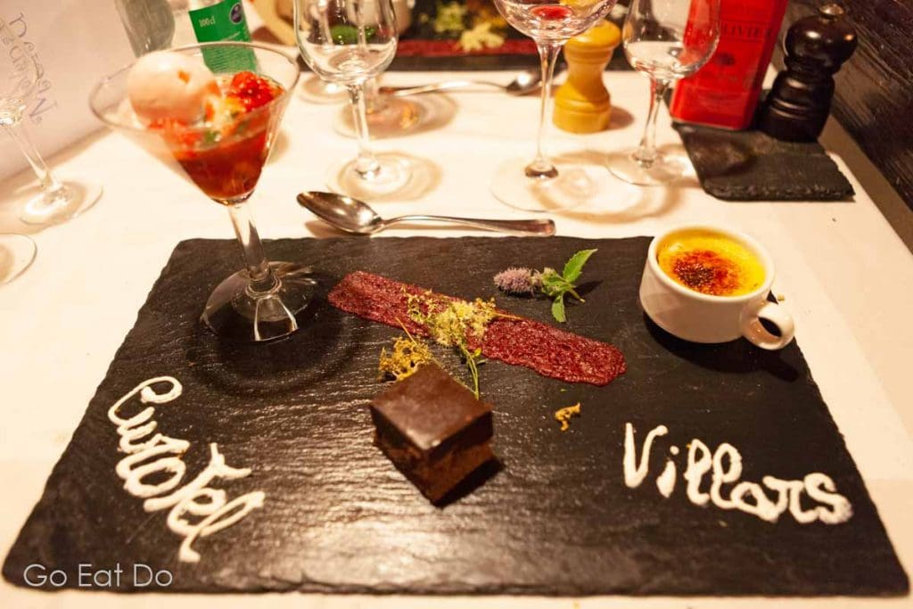 Dessert platter, served on a slate, part of chef Joël Quentin's Alpine Garden menu at the Eurotel Victoria Villars' Peppino restaurant in Villars-sur-Ollon, Switzerland.