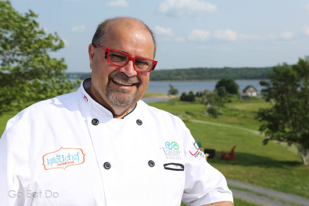 Celebrity chef Alain Bossé, The Kilted Chef,on the deck of his home in Pictou, where he offers cooking classes.
