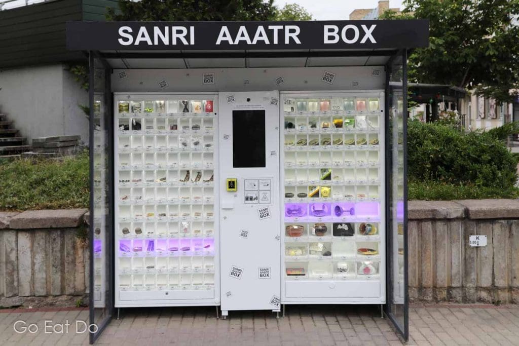 A 'Sanri Aaatr Box', a machine dispensing Latgalian souvenirs, in central Daugavpils, Latvia.