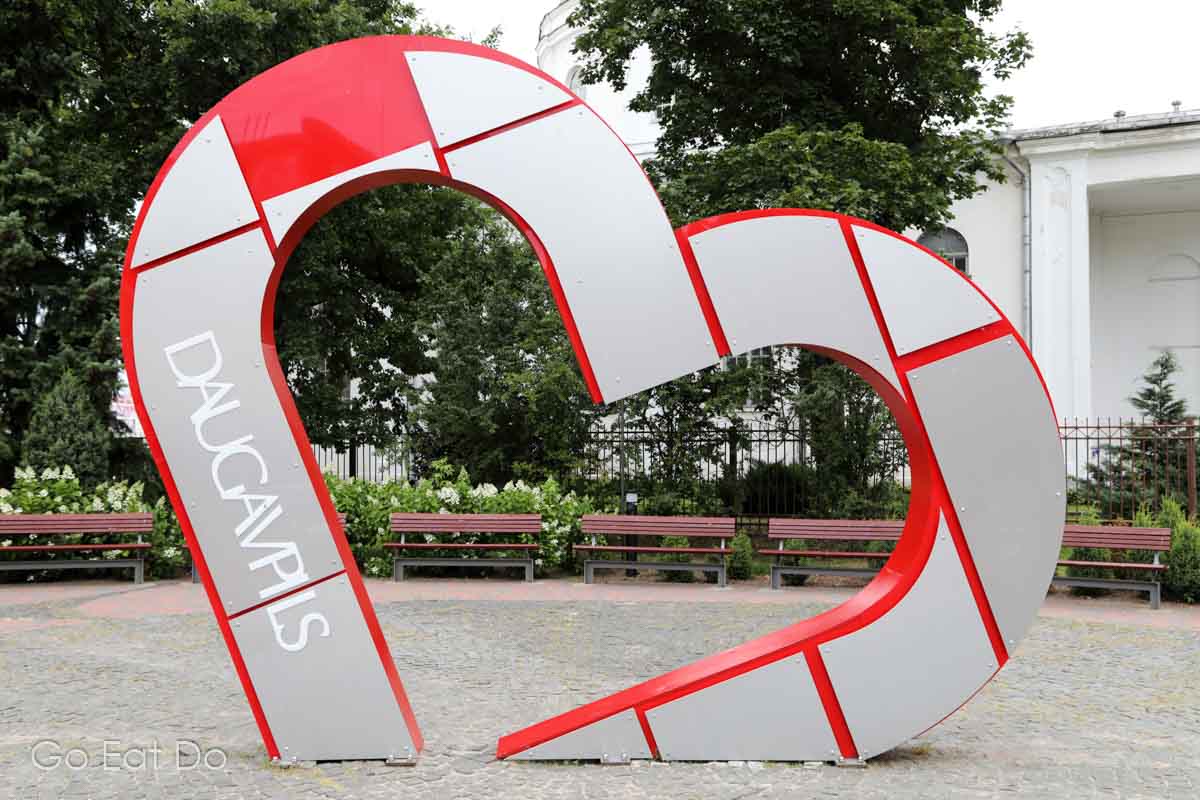 Heart-shaped landmark in central Daugavpils, a popular place for photographing selfies.