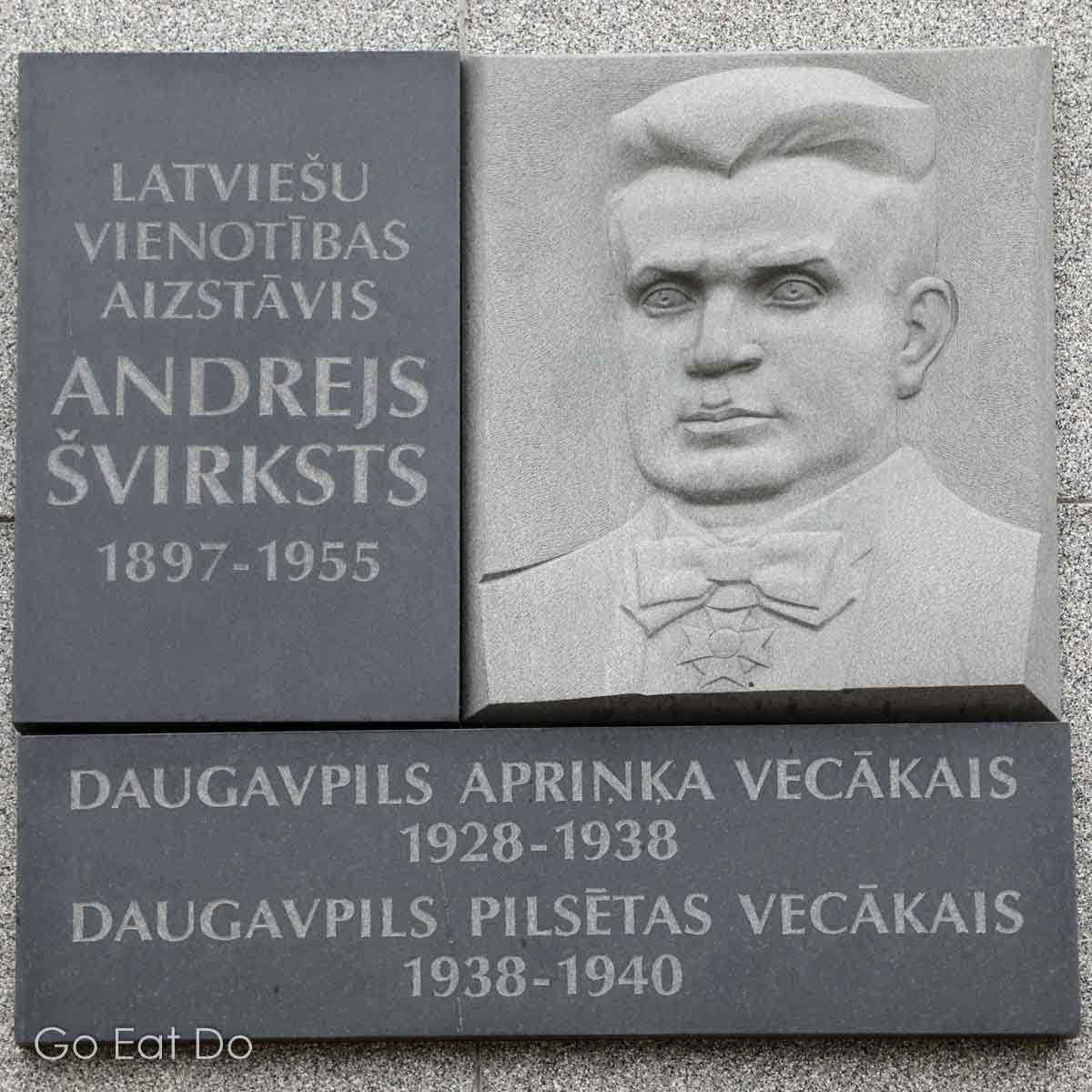 Plaque honouring Andrejs Svirksts, the architect of Unity House, in Daugavpils, Latvia.