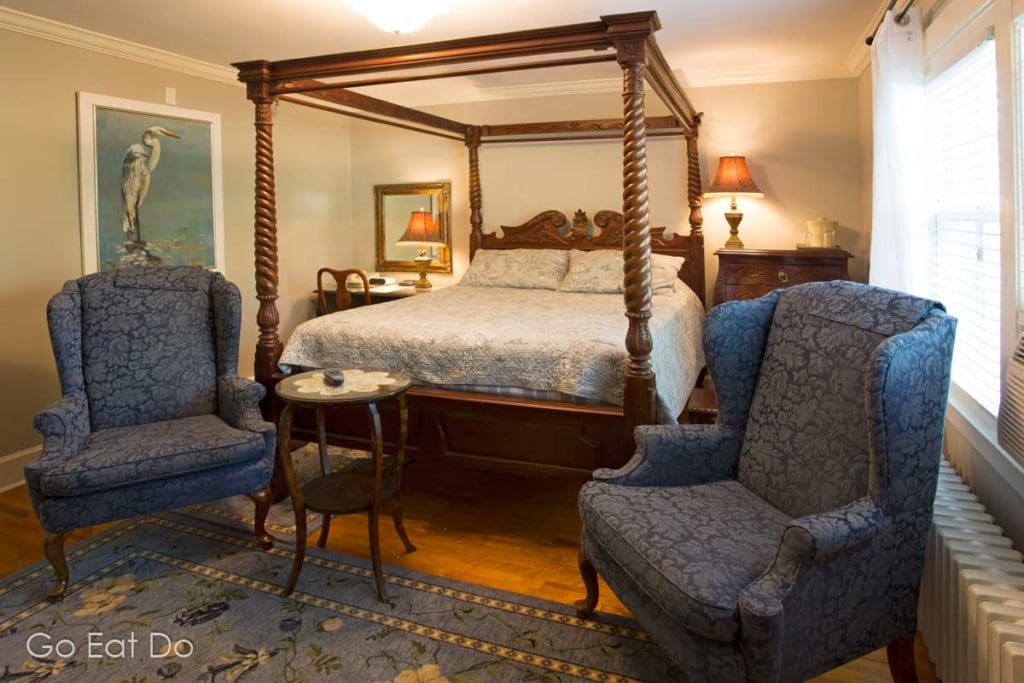 Four-poster bed at the Blomidon Inn at Wolfville, which is ideally placed for exploring Nova Scotia's Annapolis Valley.