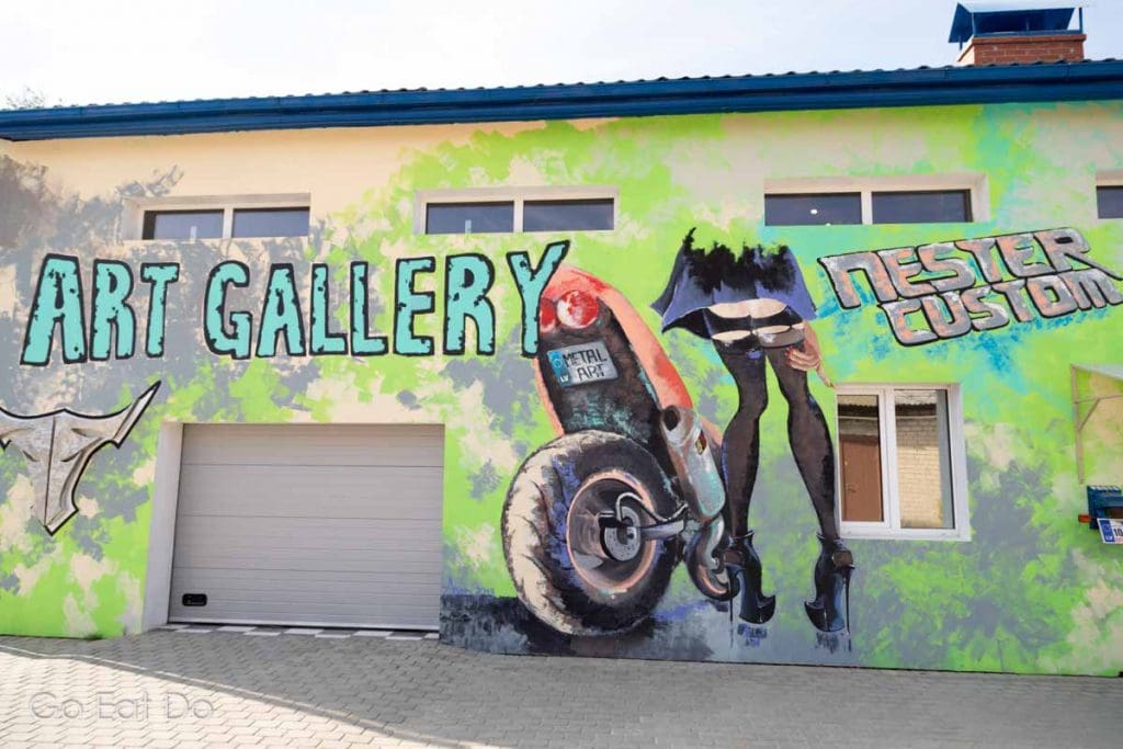 Wall of the Nester Custom Design art gallery at Preili in the Latgale region of Latvia.