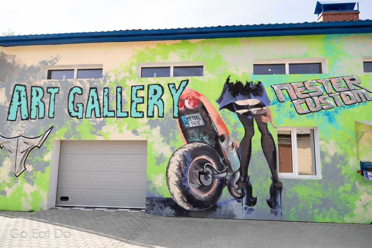 Wall of the Nester Custom Design art gallery at Preili, one of the things to do in Latgale, Latvia.