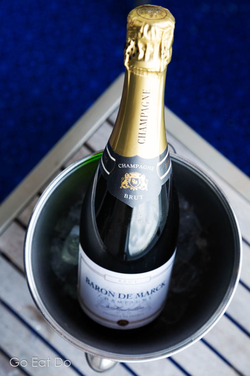 Champagne in an ice bucket aboard the MV Aurora during a P&O Cruises Northern Lights cruise.