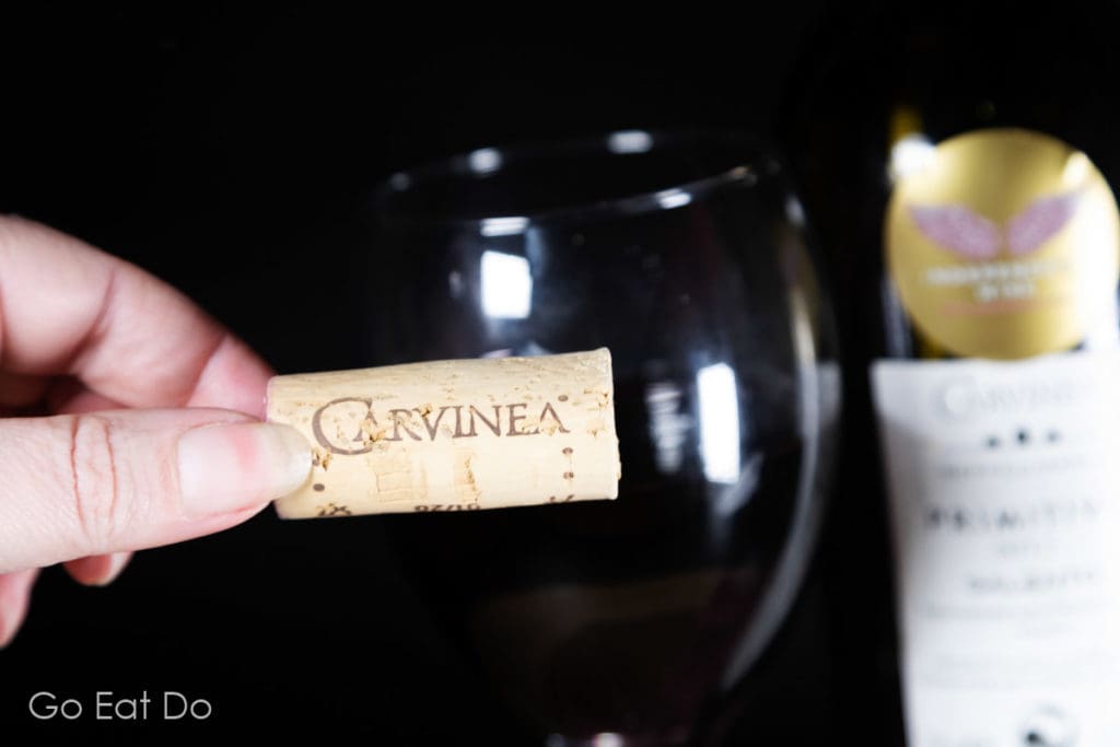 Cork from a bottle of Carnivea Organic Primitivo wine from the Apulia region of Italy.