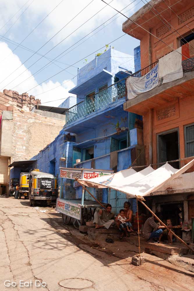 A blue building in the old town of Jodhpur, India.