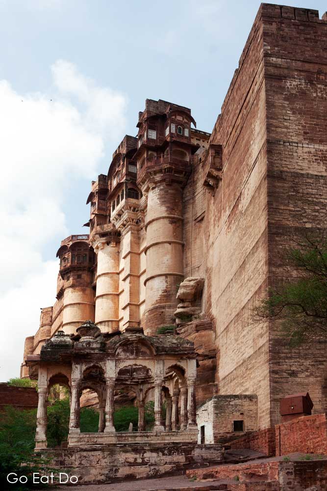 The high wall of Mehrangarh Fort, one of the principal tourist attractions of Jodhpur, India.