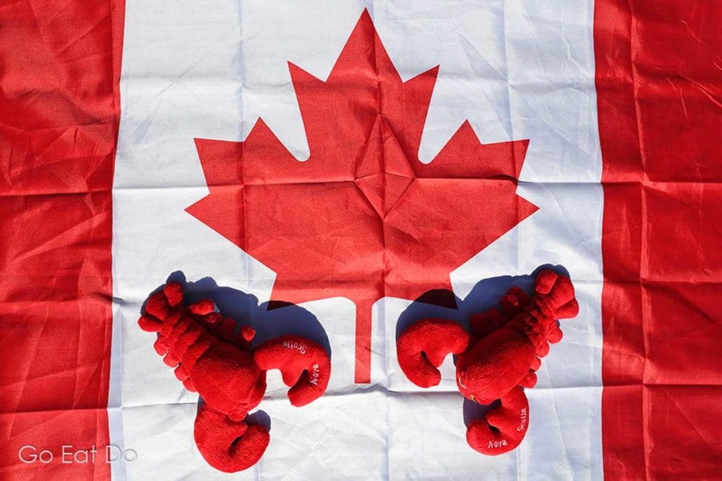 Soft toy lobsters by the maple leaf of the Canadian flag.