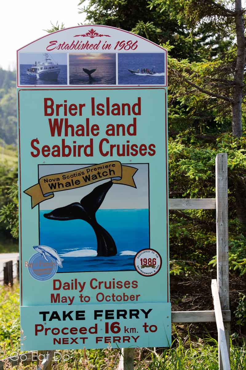 Sign for Brier Island whale and sea bird cruises in Nova Scotia; whale watching counts among must-try experiences in Nova Scotia