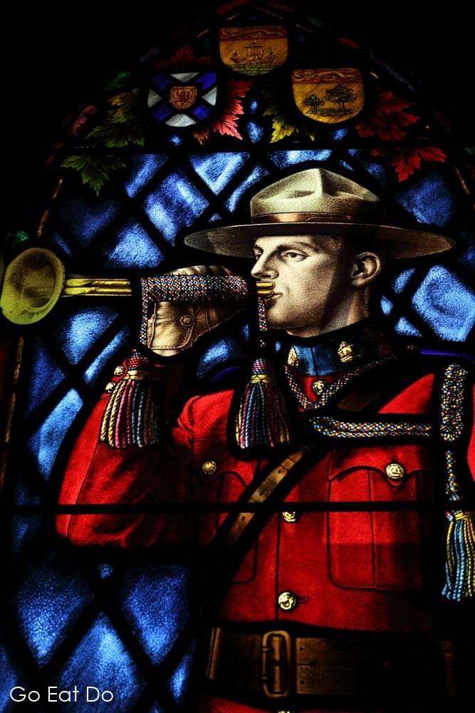 Stained glass of a member of the Royal Canadian Mounted Police at the chapel at Depot Division in Regina, Saskatchewan.