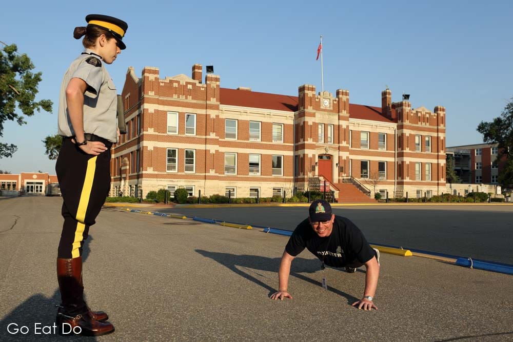 A man performing press ups at the Royal Canadian Mounted Police (RCMP) Depot Division in Regina, Saskatchewan. All officers have initial training at the Regina Depot.