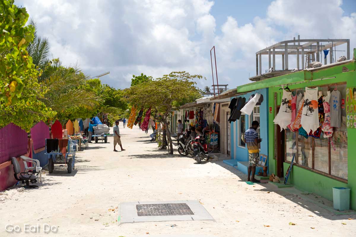Shops on Huraa Island, one of the Maldives local islands.