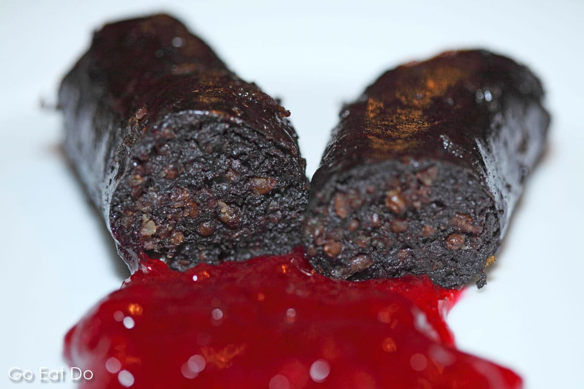 Black pudding known as Mustamakkara, a regional delicacy, served with a lingonberry sauce in Tampere