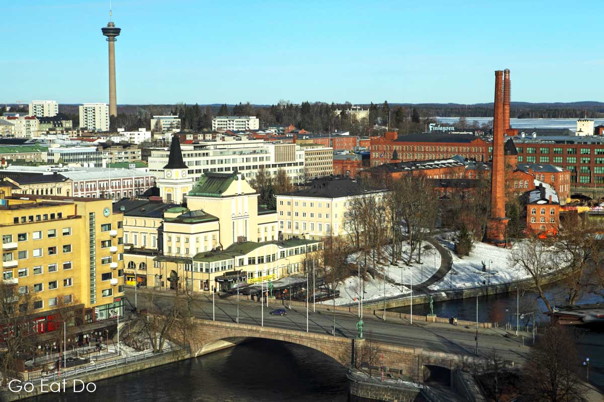 Hameenkatu Bridge crosses the River Tammerkoski by the Tampere Theatre in central Tampere, Finland