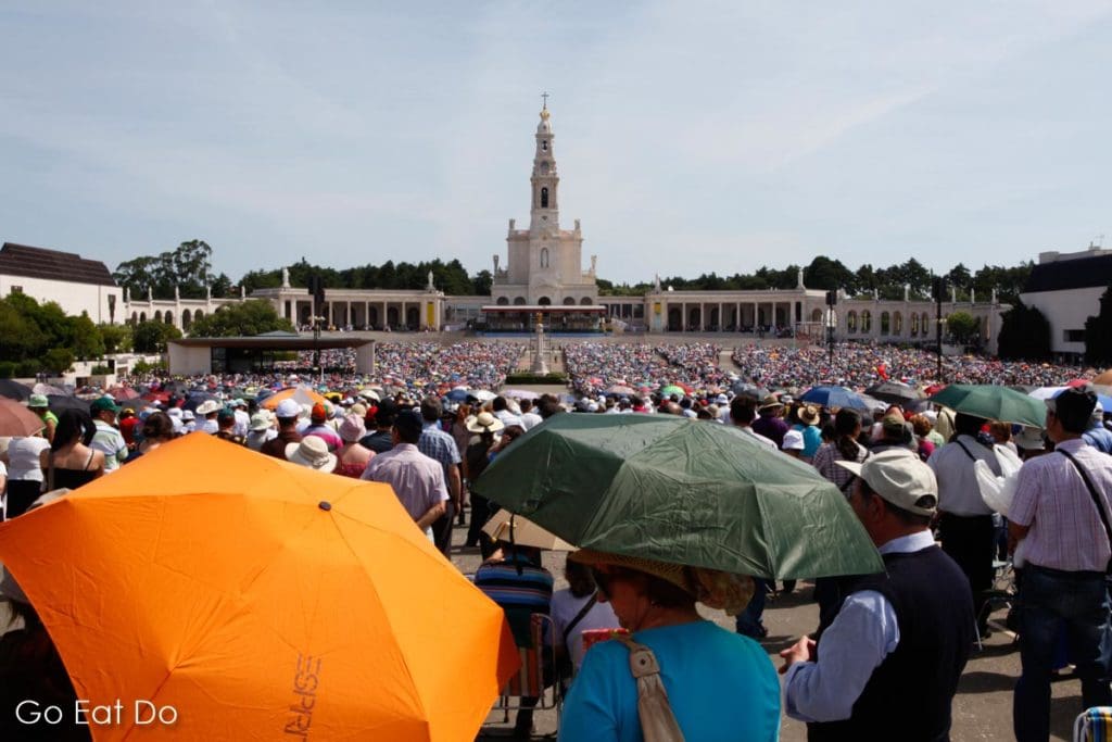 Roman Catholics gather to celebrate the Feast of Our Lady of the Blessed Sacrament by the Sanctuary of Our Lady of Fátima.