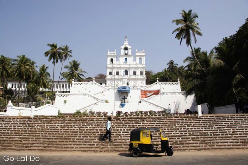 Rickshaw parked in front of the Church of Immaculate Conception in Panaji, Goa.
