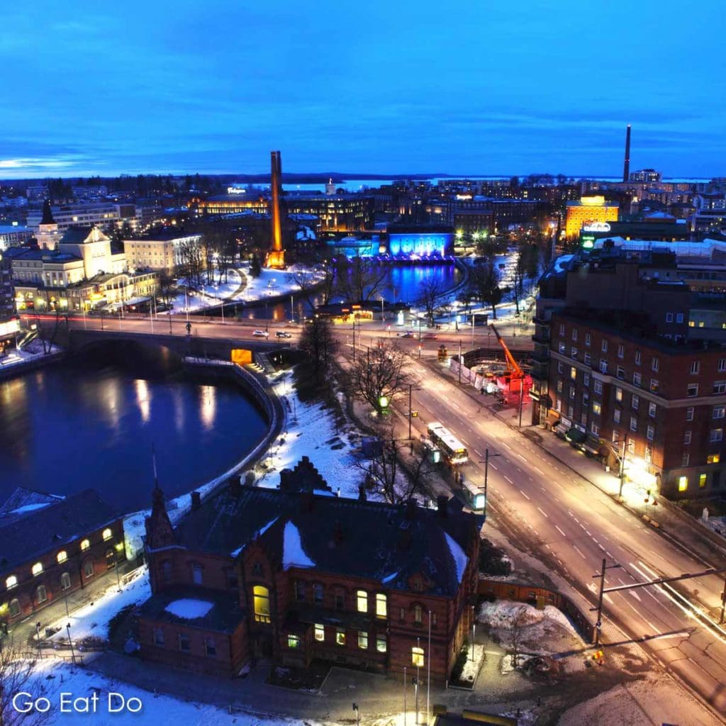 Dusk view of the River Tammerkoski running through the city centre of Tampere, Finland's largest inland city