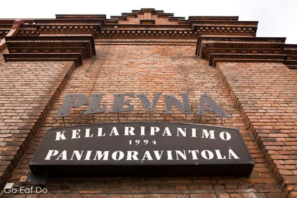 Sign for the Brewery Restaurant Plevna in Tampere's Finlayson Mill complex. The mill was named after Plevna as troops from the Grand Duchy of Finland served in the Russian Army that besieged the city in 1877 during the Russo-Turkish War.