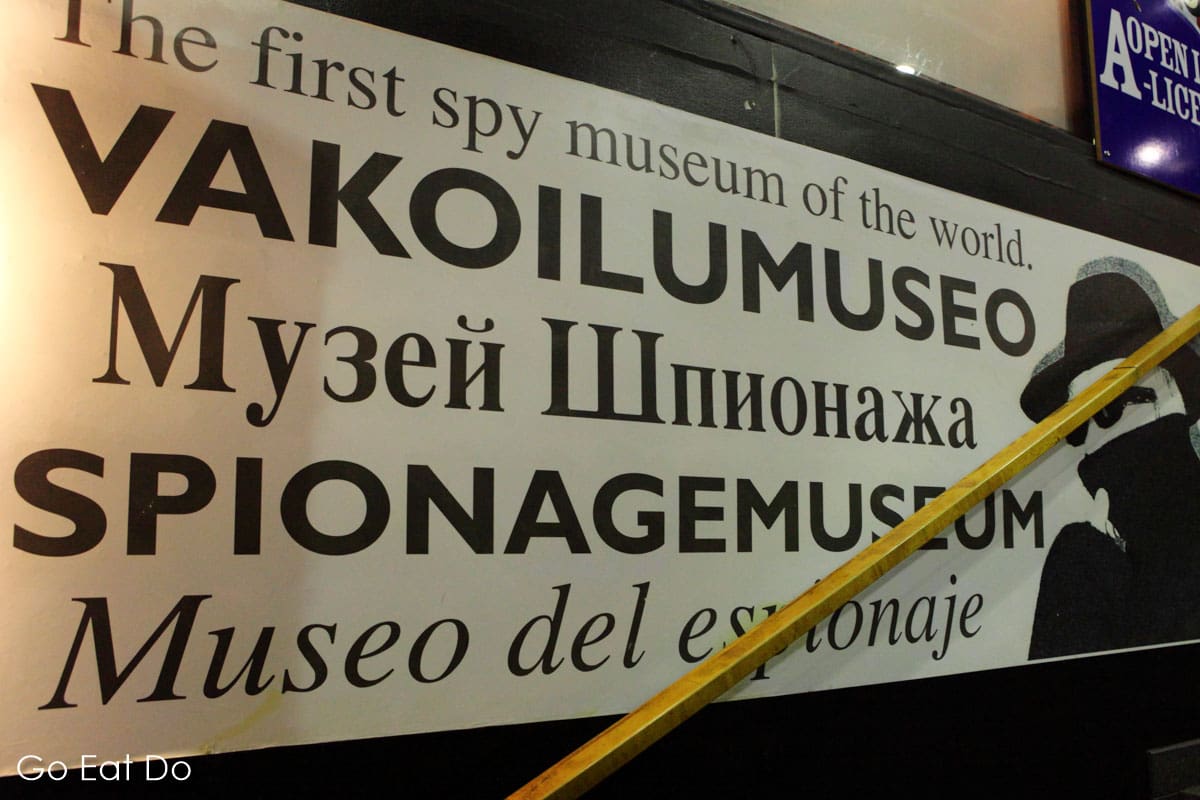 Sign for the world's first Spy Museum (Vakoilumuseo), an attraction in the Finlayson complex that counts among the popular things to do in Tampere for visitors to the city.