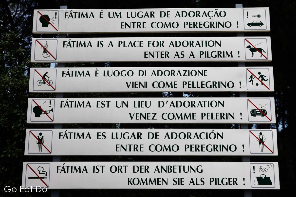 Sign setting out ground rules for behaviour in Fatima, Portugal.