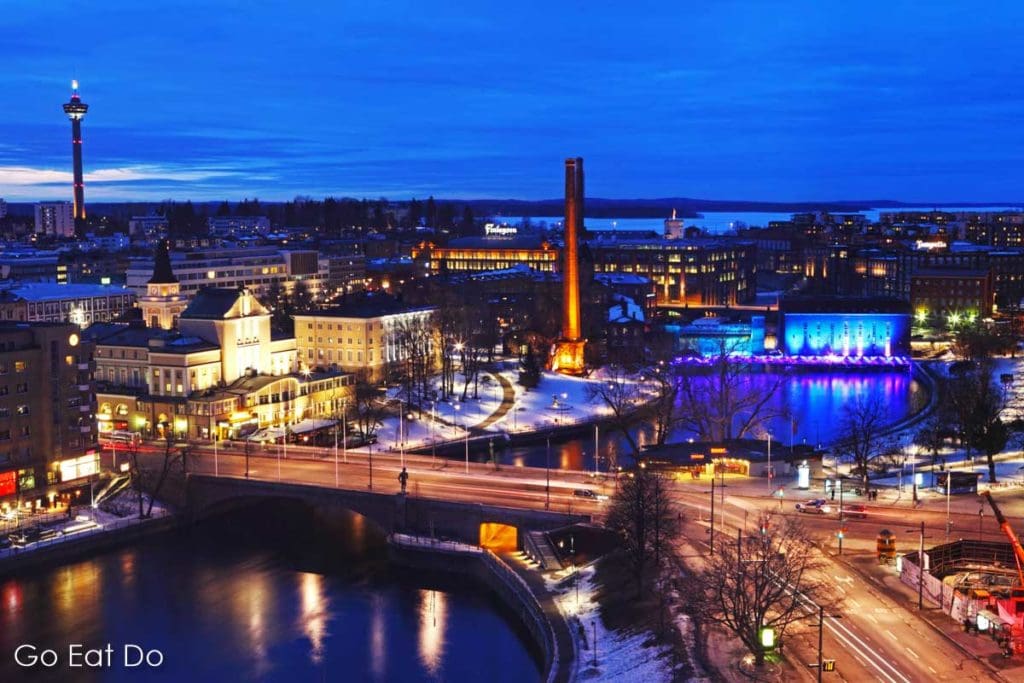 The River Tammerkoski and Finlayson Complex seen at dusk in Tampere, Finlan.