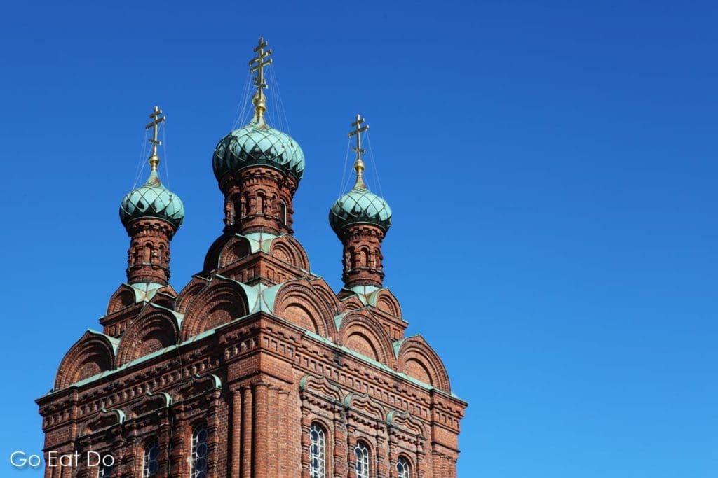 The onion dome towers of the Russian Orthodox Church of St Alexander Nevski and St Nicholas, designed by T.U. Jazykov and built in the 1890s, one of the interesting examples of architecture in Tampere.