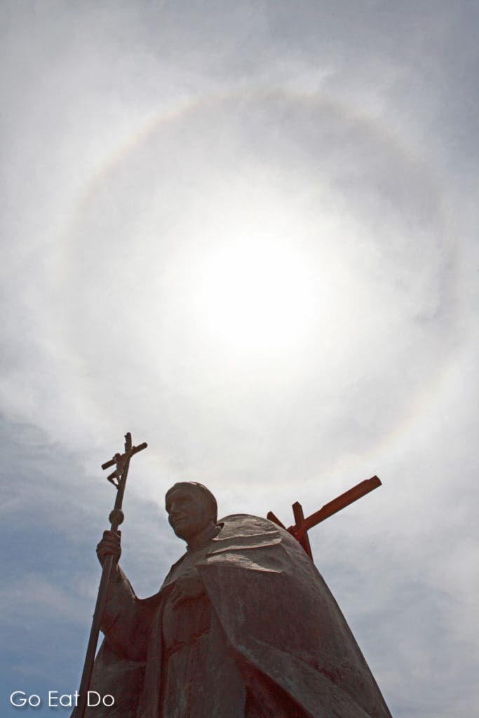 Solar halo above a statue of Pope John Paul II in Fatima, Portugal, on 13 May 2011.