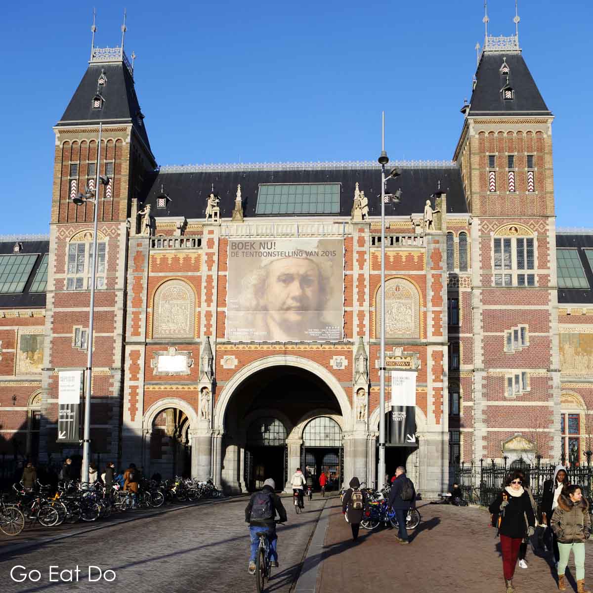 Facade of the Rijksmuseum in Amsterdam, the Netherlands' national museum, which exhibits a broad selection of Dutch Golden Age masterpieces.